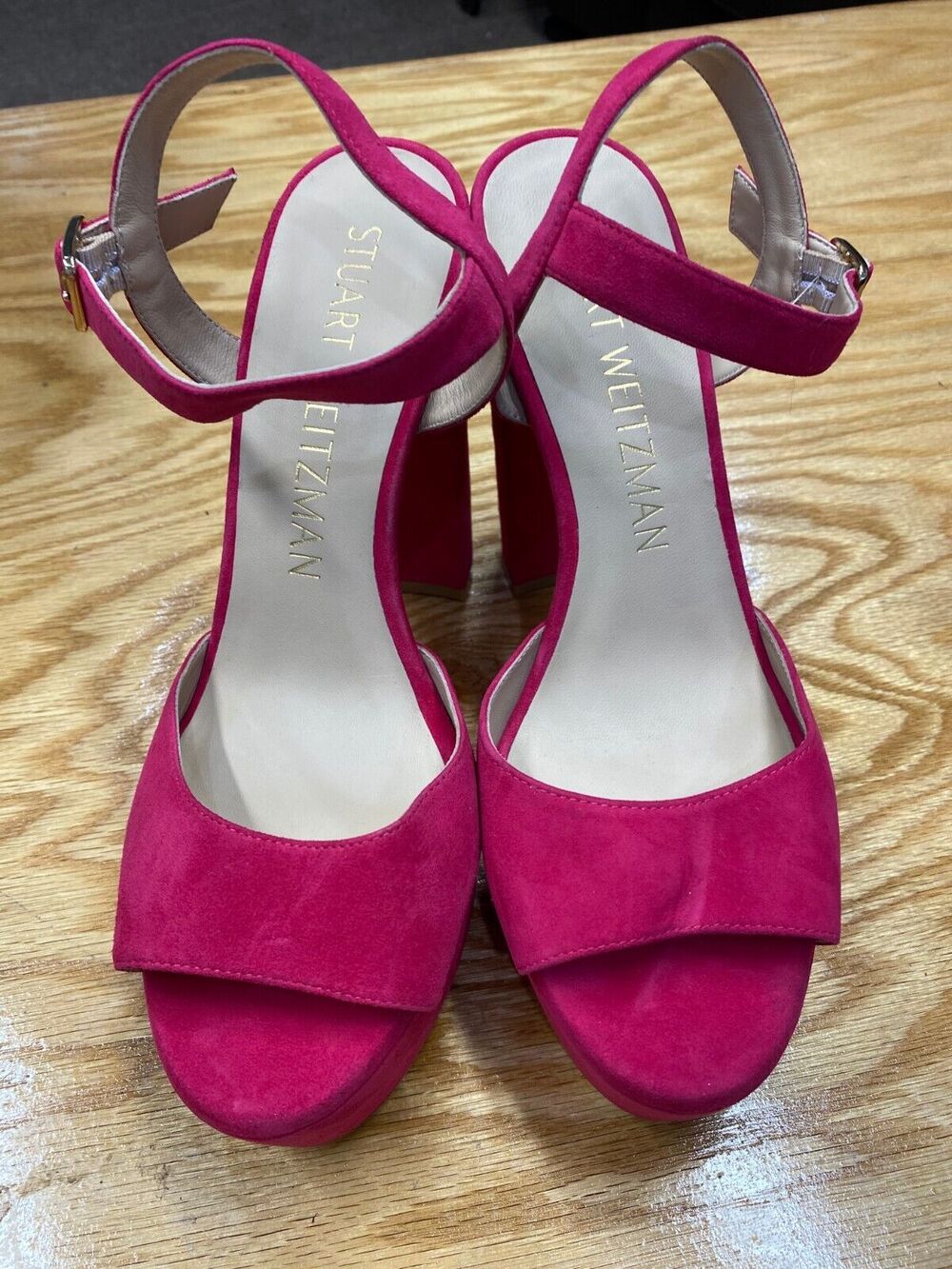 Stuart Weitzman Mirri Knotted Women 6 Pink Suede Platform Block Heel Sandals S26